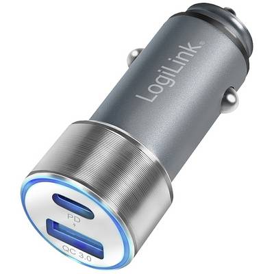 A silver LogiLink car USB adapter with two ports: 'PD' for Power Delivery and 'QC 3.0' for Quick Charge.