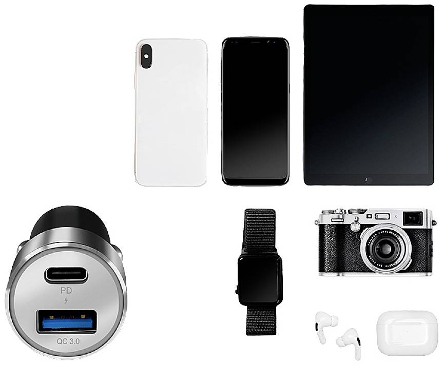 A selection of technological devices: two smartphones, a tablet, a camera, a watch, wireless earbuds, a charger.