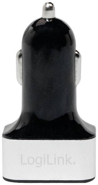 Black car charger with silver trim and the 'LogiLink' brand printed on it. Suitable for charging devices in a vehicle.