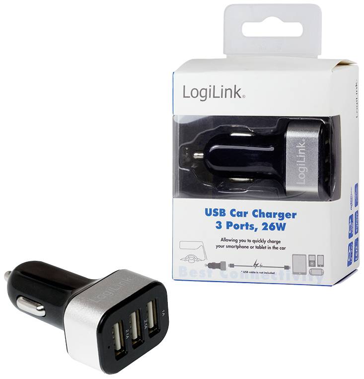 'Triple USB Car Charger, 26W, by LogiLink. Packaging shows the charger and three USB ports for fast charging.'