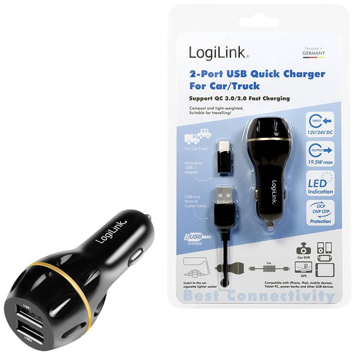 LogiLink PA0201 USB charger 19.5 W USB-A Black Car Qualcomm Quick Charge 3.0-7