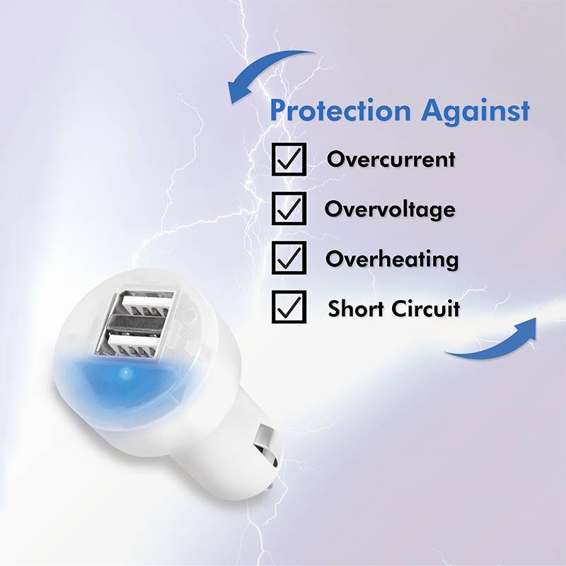 Car USB charger showing protective features: Overvoltage, overheating, short circuit. Background shows lightning.