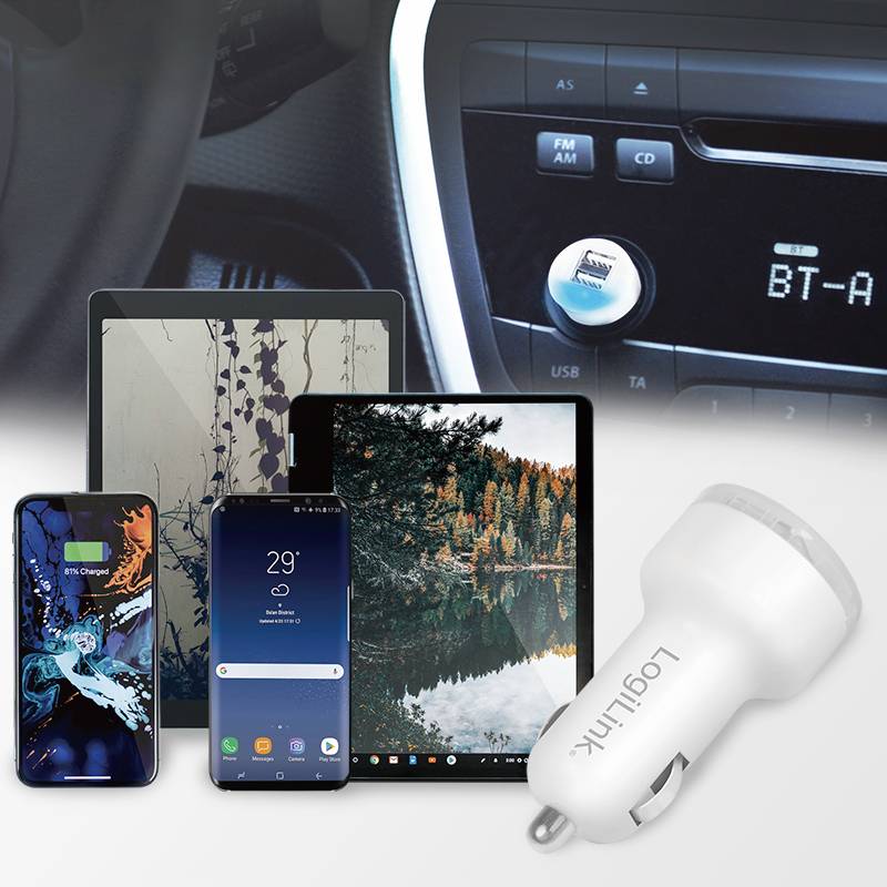 'Depiction of mobile devices and a car dashboard. Tablets and smartphones with nature images, with a Wi-Fi plug in the foreground.'