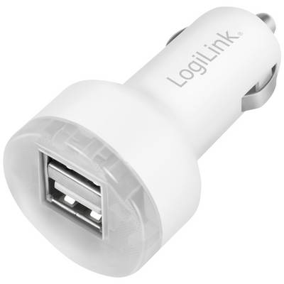 USB car charger with white casing, suitable for charging devices via the cigarette lighter. Inscription: 'LogiLink'.