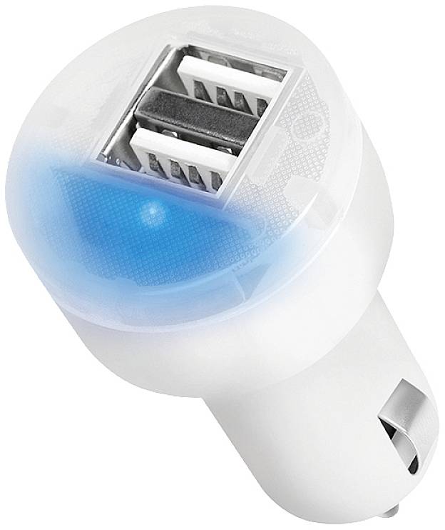 A USB car charger with two ports and a blue LED indicator, showing that the device is active.
