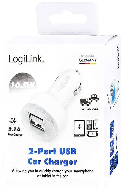 'LogiLink 2-Port USB Car Charger, 10.5 W, Fast Charging, for Car/Lorry, Enables Rapid Charging of Smartphone or Tablet.'