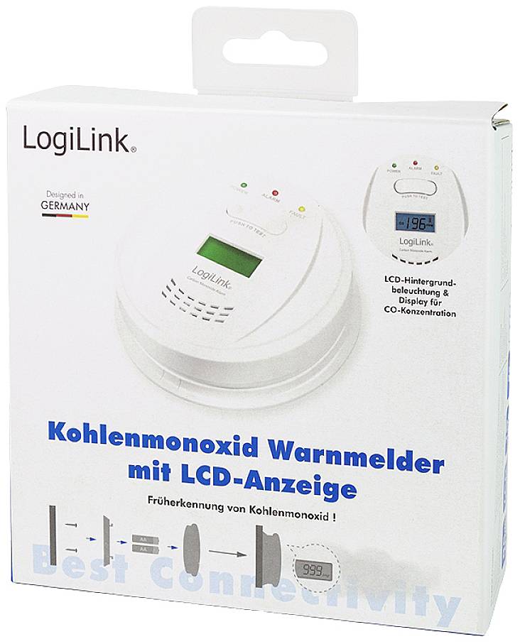 A packaging containing a carbon monoxide alarm by LogiLink, with LCD display and early detection. Designed in Germany.