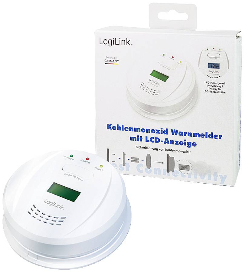 Carbon monoxide detector with LCD display and test button. Packaging displays product image.