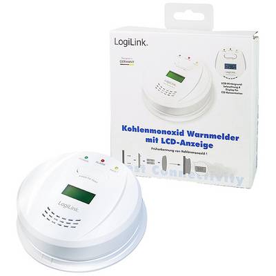 Carbon monoxide detector with LCD display and test button. Packaging displays product image.