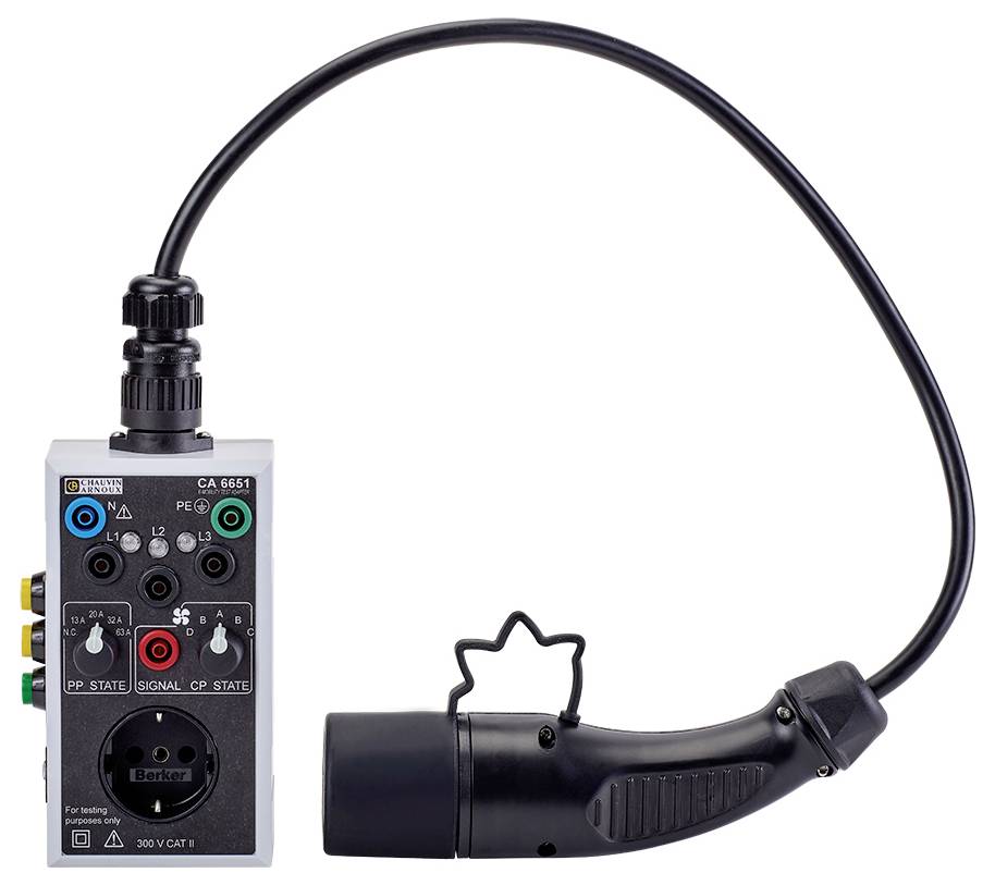 A device tester for electrical charging cables with plug connectors. It has multiple coloured connectors and switches for conducting tests.
