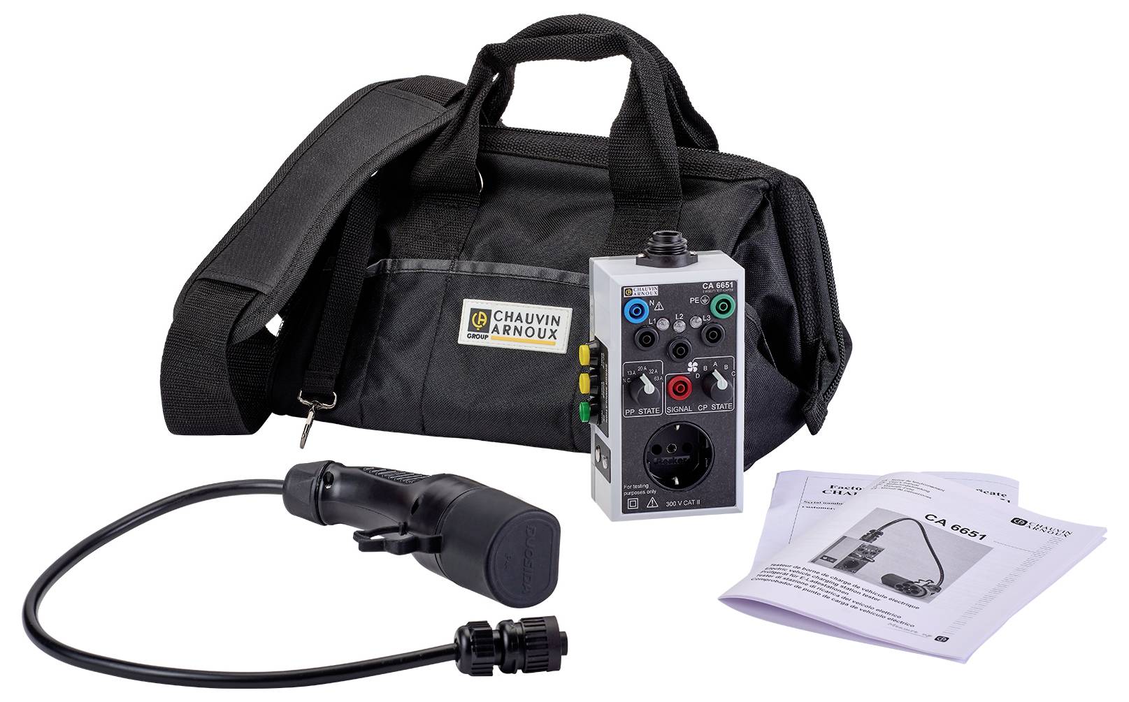 Carrying bag with electrical testing device and cable adapter. Enclosed instruction manual and brochure for device 'CA 8231'. Ideal for electrical testing.