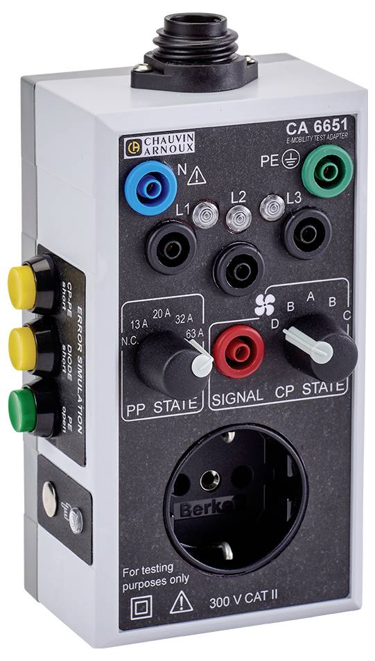 Electrical testing device with various connections and switches for voltage tests, with the inscription 'For testing purposes only'.
