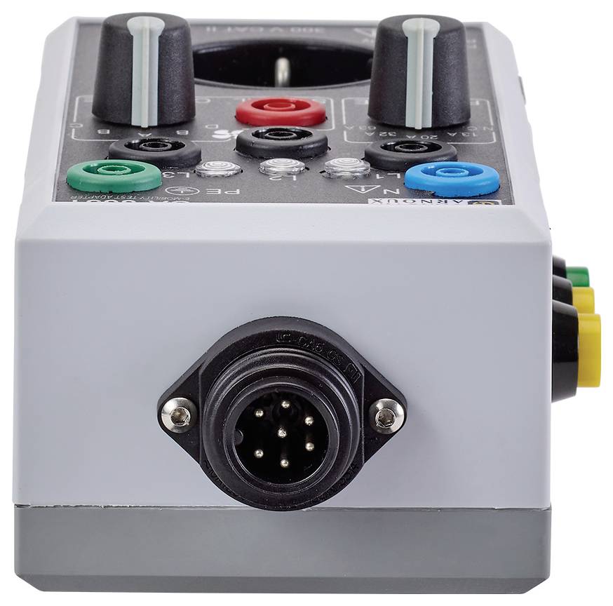 An electrical testing device with multiple sockets and rotary controls on a grey casing, viewed from the front.