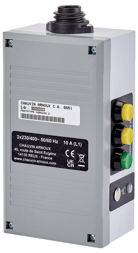 Electrical measuring device in a rectangular housing with three coloured buttons on the right-hand side and a label displaying technical specifications.