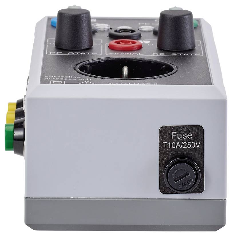 An electrical testing device with two switches, a power socket, and side ports. A label reading 'Fuse T10A/250V' is visible.