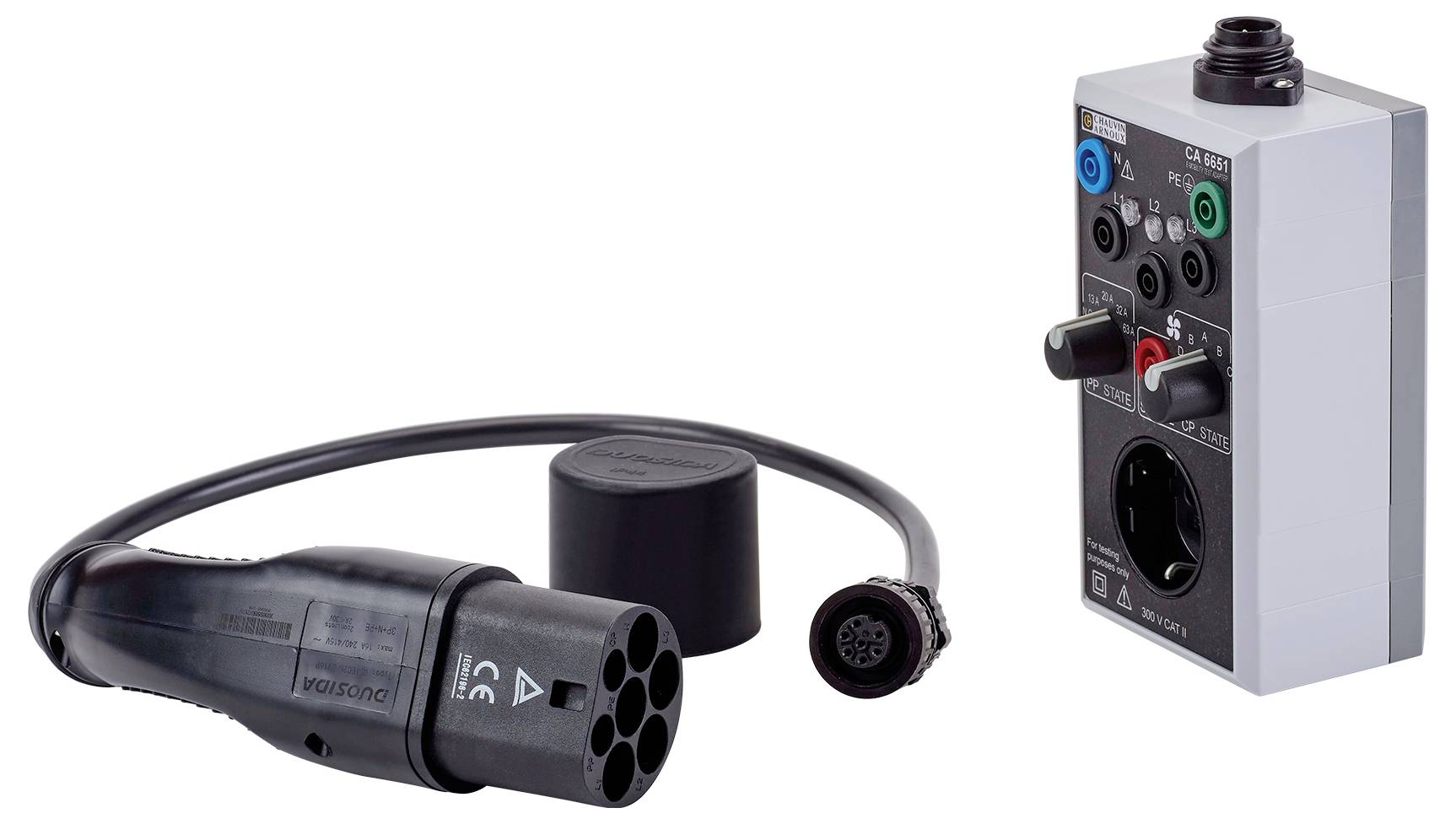 'Charging cable with plug and testing device for electric vehicles on a white background. Shows equipment for testing charging stations.'