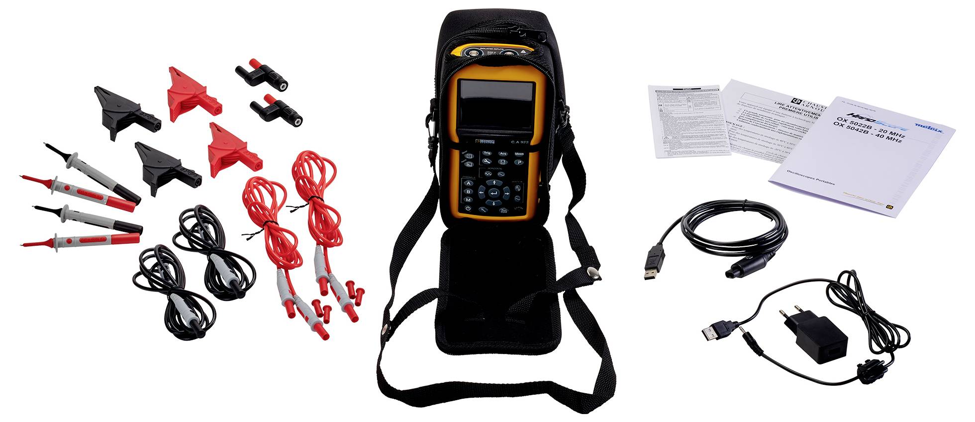 A multi-function measuring device with accessories, including clamps, cables, and manuals. Suitable for electrical measurements.