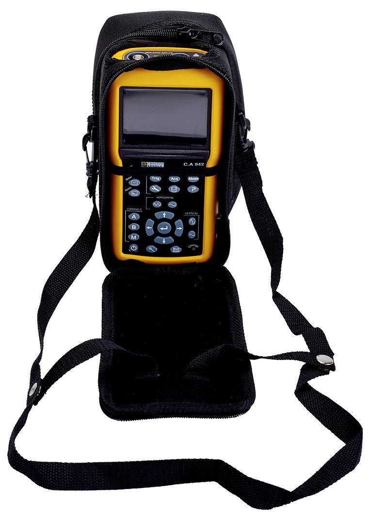 A portable electric measuring device in a black carry case. It features a display and numerous buttons for operation.