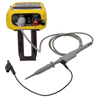 A yellow handheld oscilloscope with connected probe and test lead, ready for troubleshooting electronic circuits.