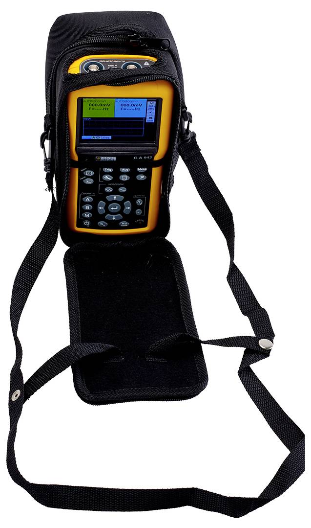 A handheld device with a black protective cover and strap, displaying colourful indicators on its screen with a keyboard beneath.