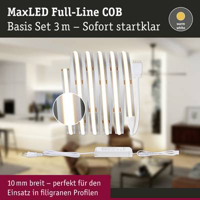 MaxLED Full-Line COB Set, 3 m, warm white. Ideal for delicate profiles. 10 mm wide. Background shows living space with blurred furnishings.