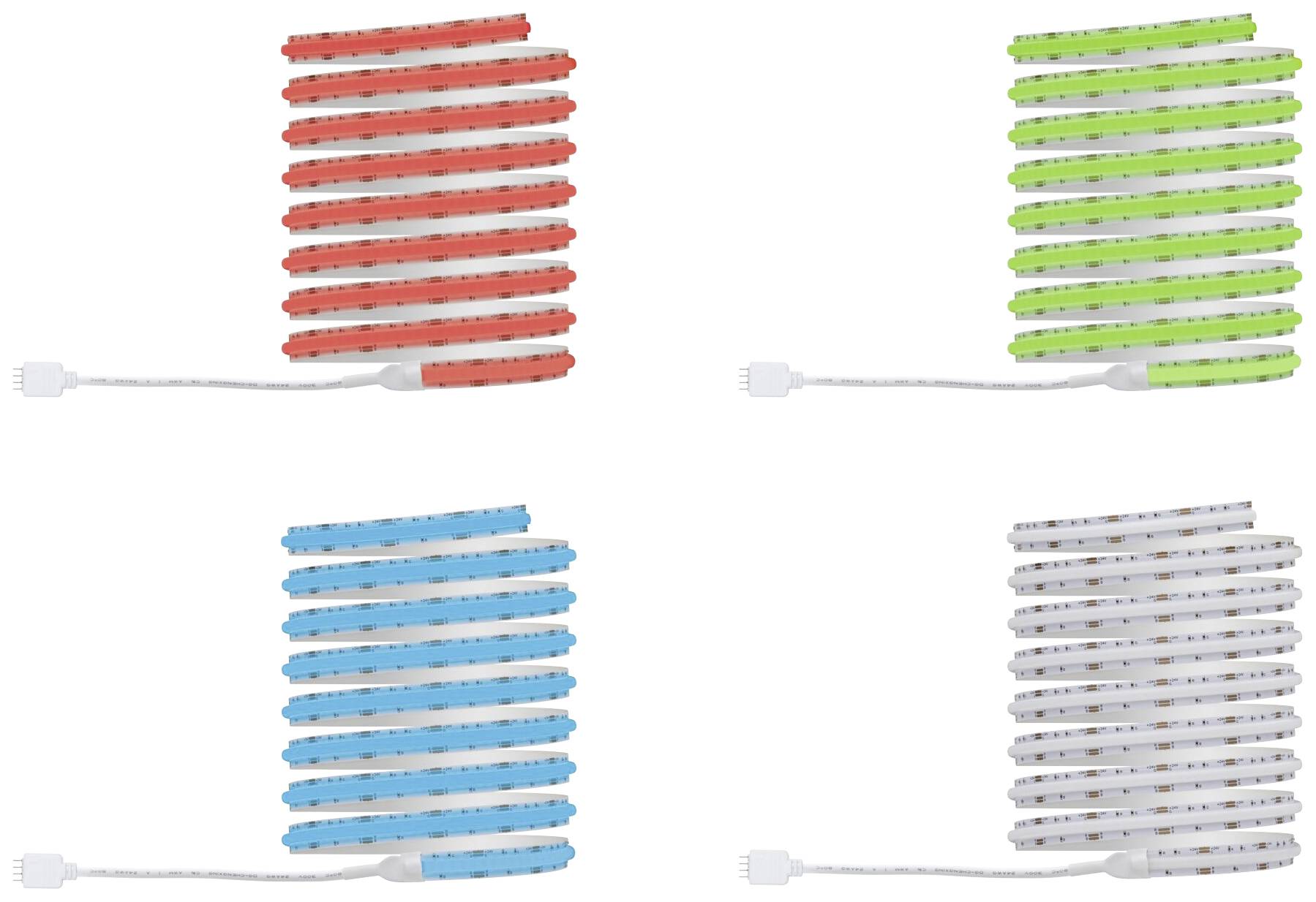 Four stacks of LED light bars in Red, Green, Blue and White, each connected with a white cable.