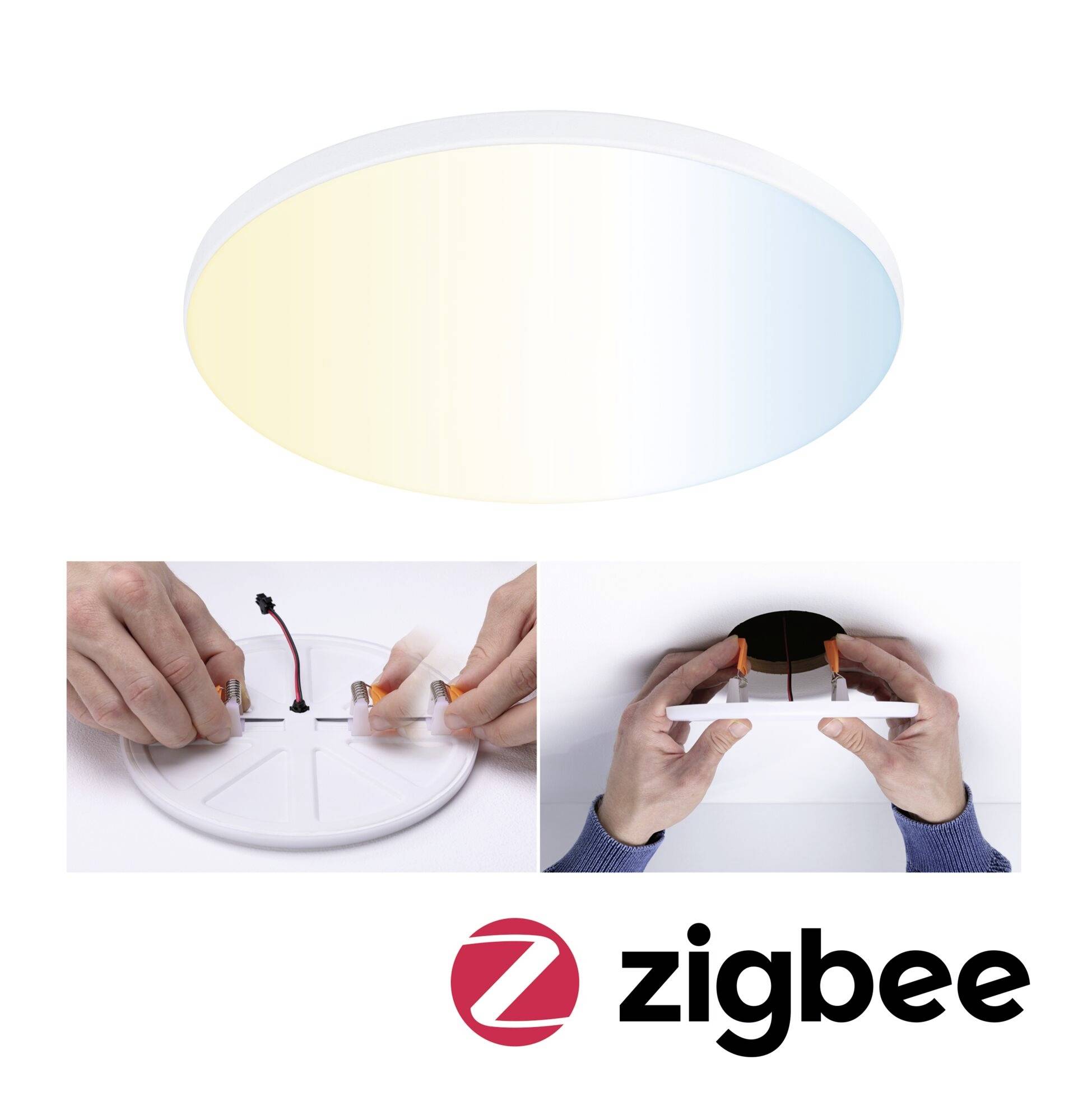 Round LED ceiling light with Zigbee logo, showing installation steps and colour transition from warm to cool.