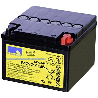 'Sonnenschein Black Solar Battery S12/27 G5, 12V, 27Ah, maintenance-free. With yellow lettering and symbols on the front.'