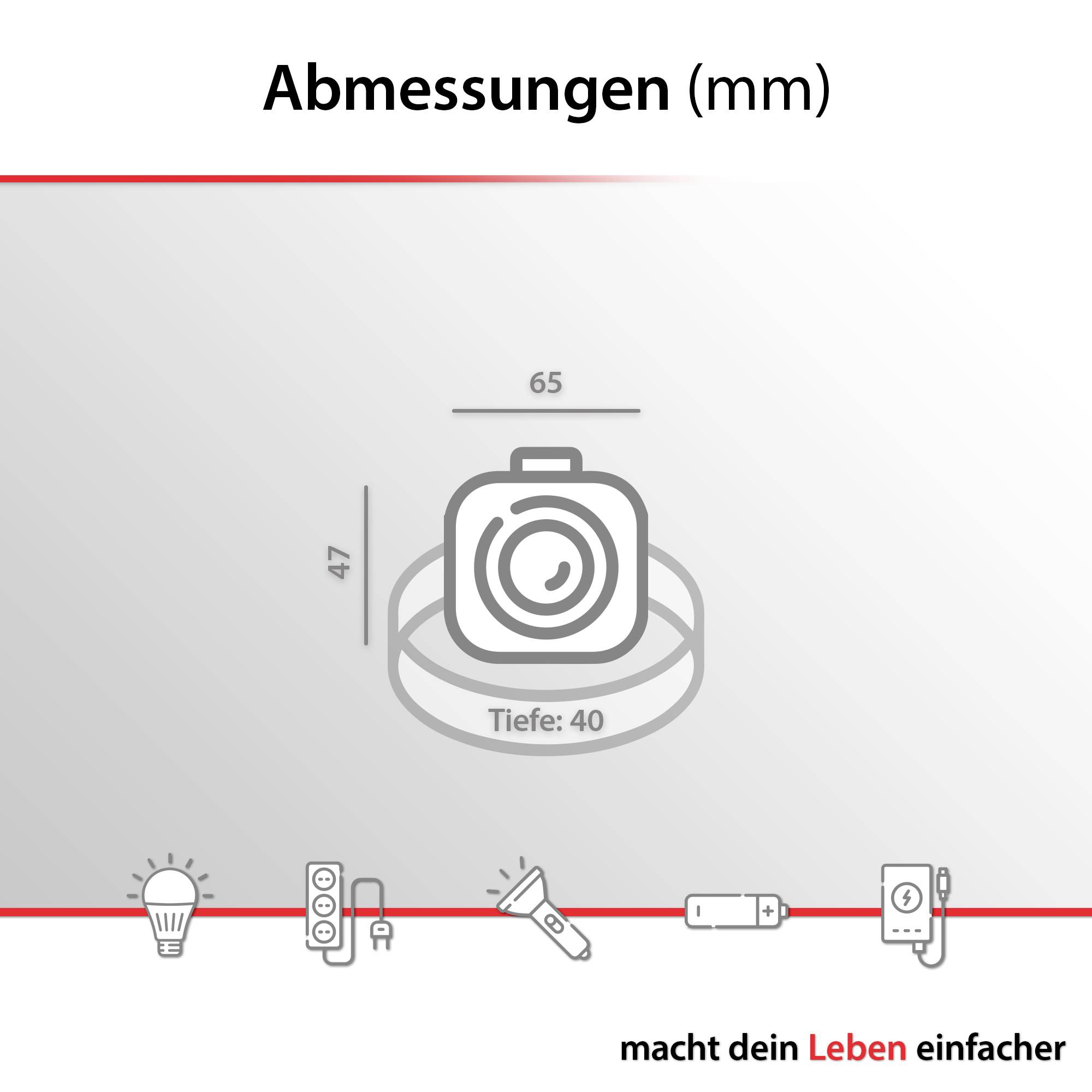Camera dimensions: Height 47 mm, Width 65 mm, Depth 40 mm. Four icons on the left: Light bulb, Speaker, Torch, Penknife. Text at bottom: 'makes your life simpler'.