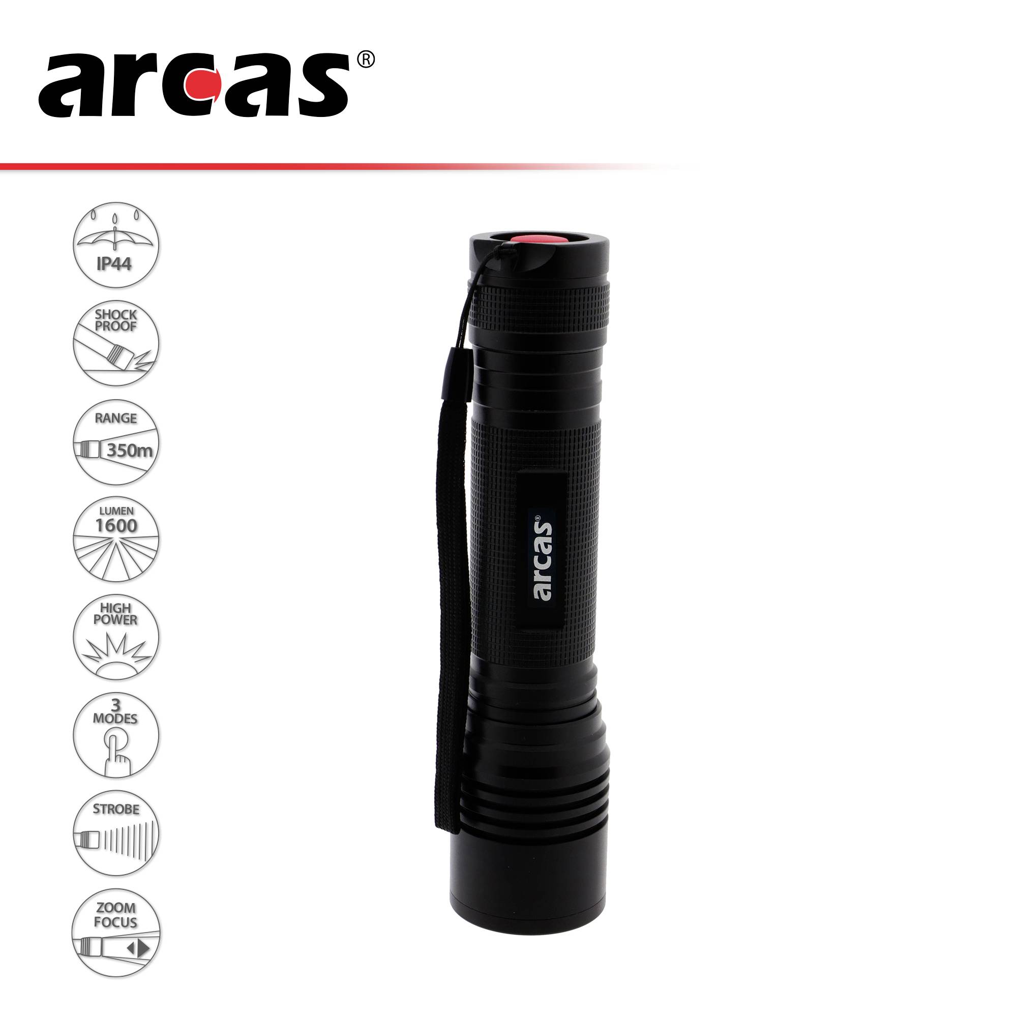 Arcas Torch, Shock-Resistant, IP44, Range 350m, 1600 Lumens, 3 Modes. Black with Carry Strap, Suitable for Outdoor Use.