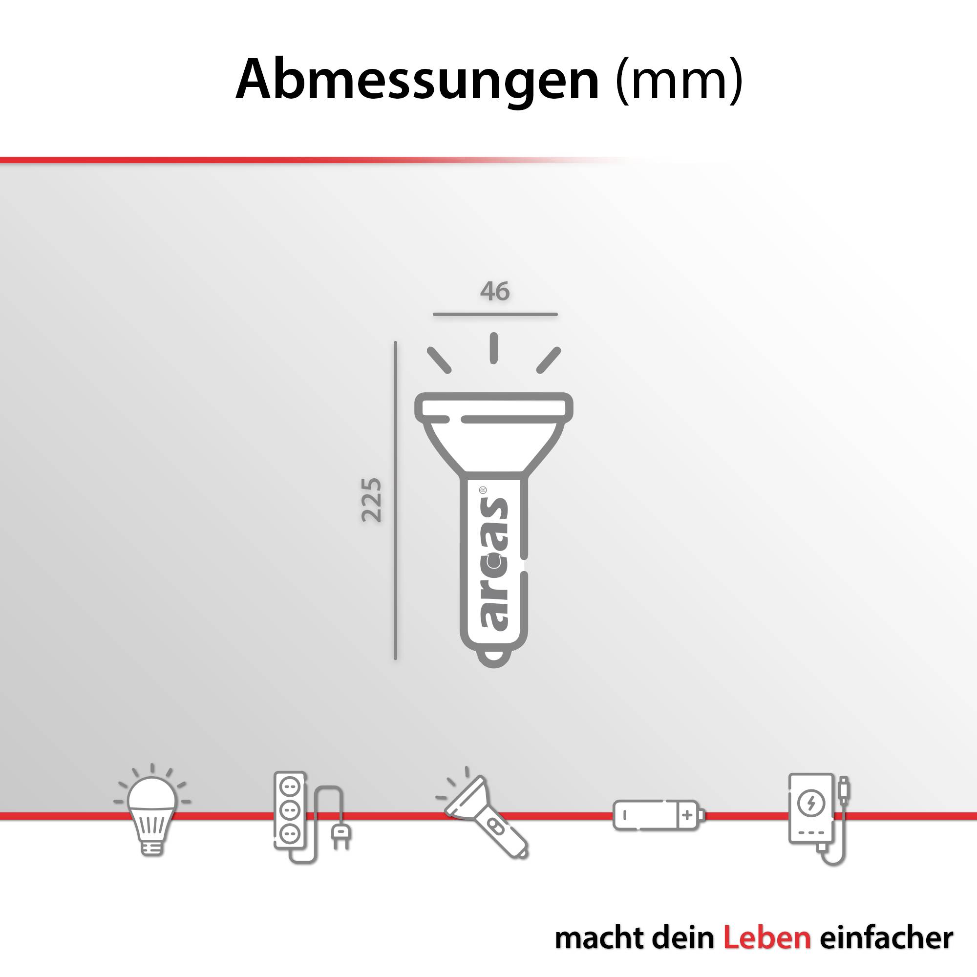 A technical diagram shows a light bulb with the dimensions: 46 mm width and 225 mm height. Text below: 'makes your life easier'.