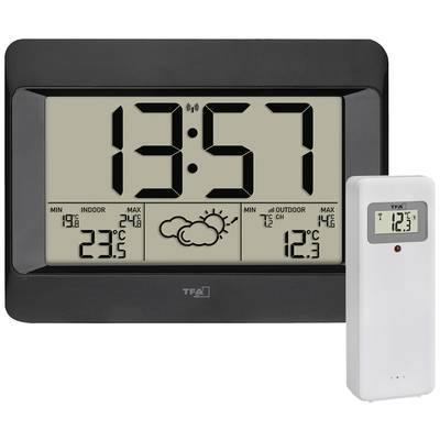 Electronic Weather Station with Large Digital Display: Time 13:57, Indoor Temperature 23°C, Outdoor Temperature 12°C, Weather Forecast Symbol.