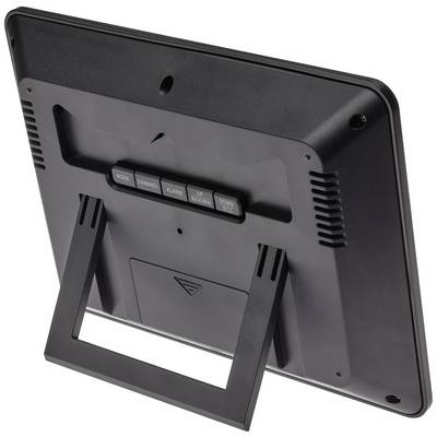 Back of a black electronic device with a fold-out stand and multiple control buttons in the centre.