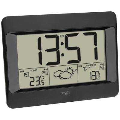 Digital clock with large display shows the time as 13:57 and weather information. Indoor and outdoor temperatures as well as weather conditions are displayed.