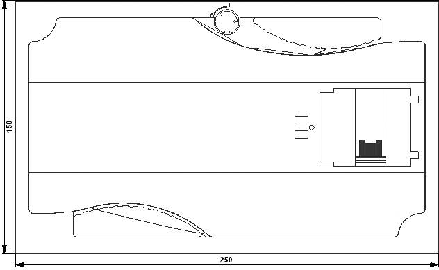 Technical drawing of a rectangular enclosure measuring 250 mm x 150 mm, showing connections and internal components from above.