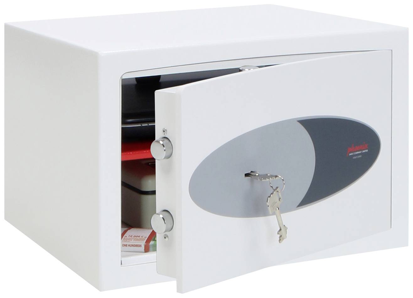 An open white safe with a silver key in the lock reveals documents and small items inside.