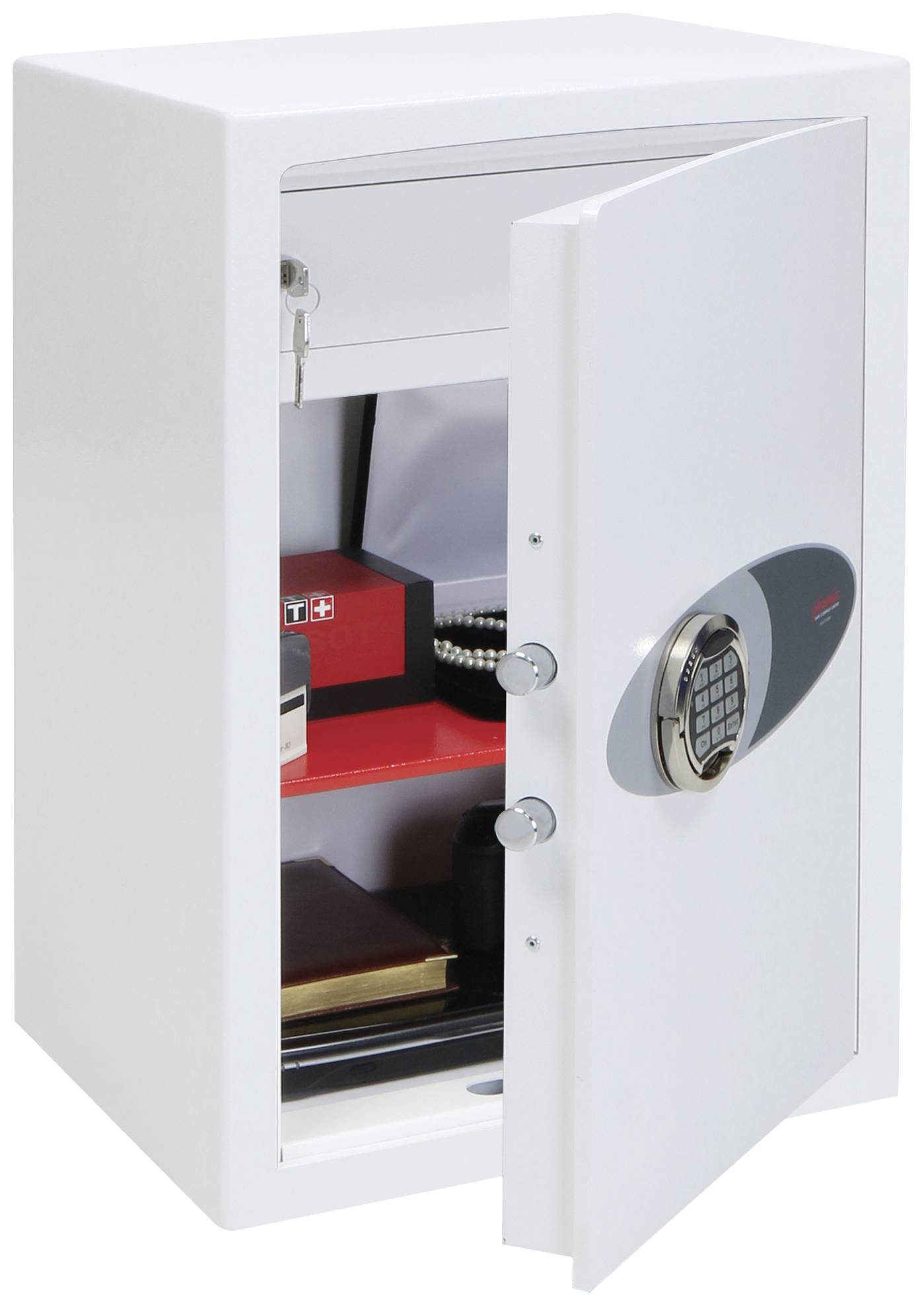 A white safe with an open door. Inside are red and black boxes along with a folder. An electronic lock is fitted to the door.
