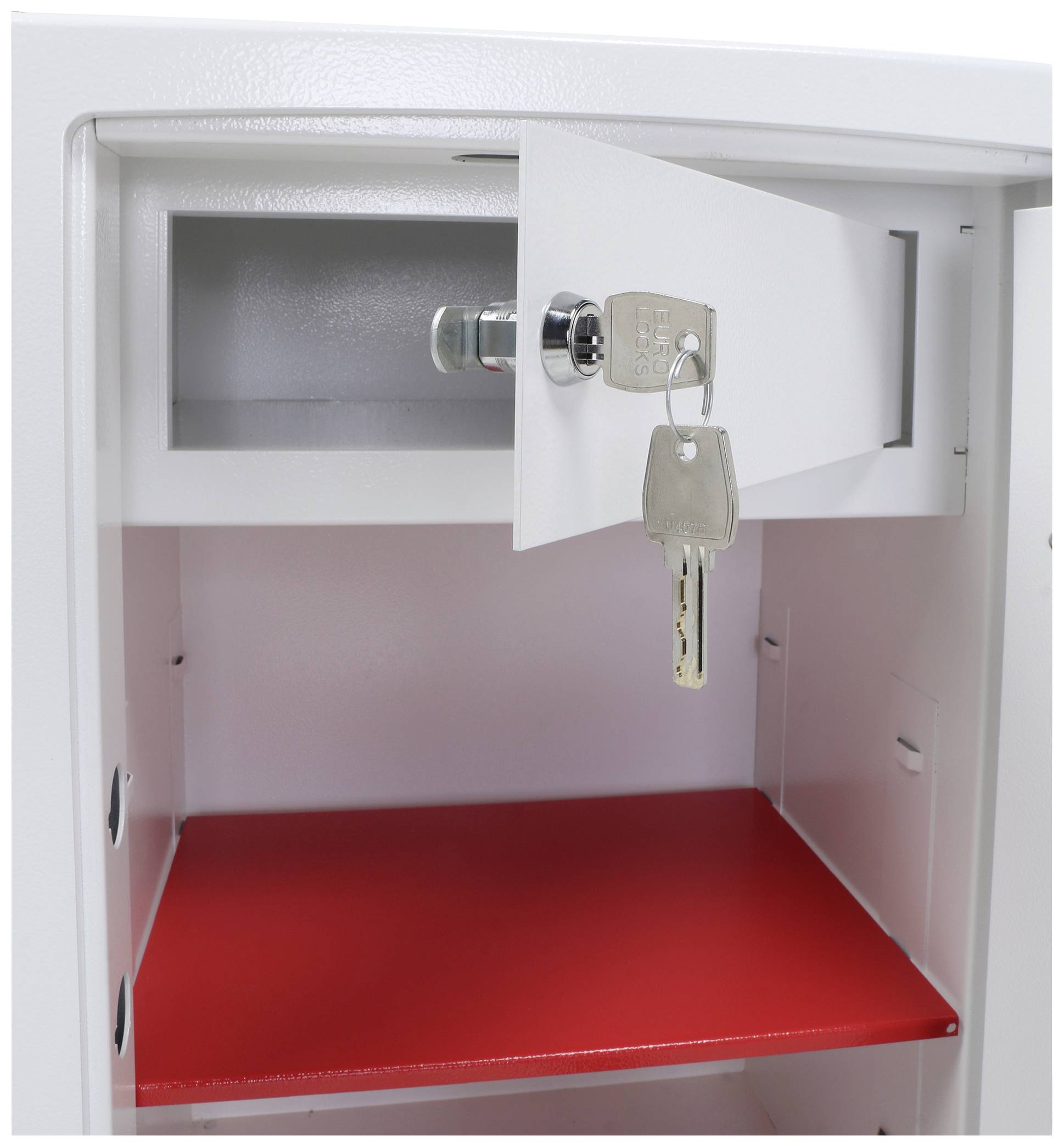 A white safe with an open door reveals an inner compartment and a key inserted in the lock. The lower compartment is red.