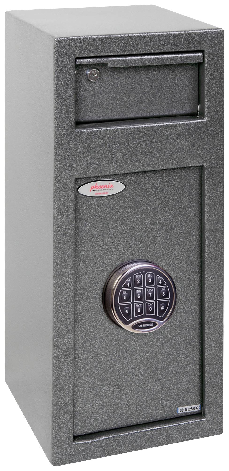 A grey security safe with an electronic keypad lock and a deposit slot on top. Suitable for secure storage.