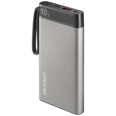 External Power Bank in Silver with Black Trim and Cord. Side-printed with '10x' and 'VOLTCRAFT'. Ideal for Mobile Charging.