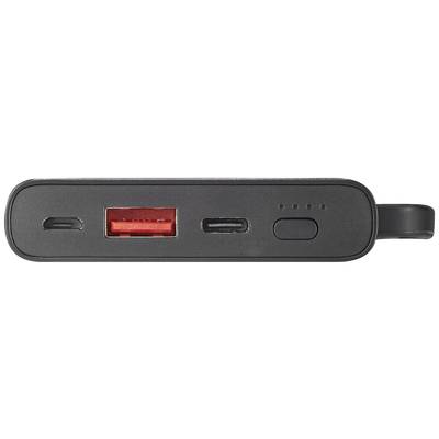 A black power bank with USB and USB-C ports, charging indicator and power on/off button.