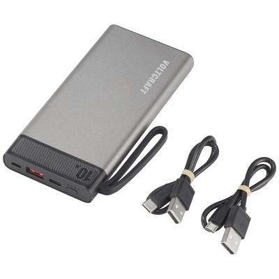 Grey power bank with printed 'VOLTCART' logo, two USB ports, alongside two black USB charging cables.