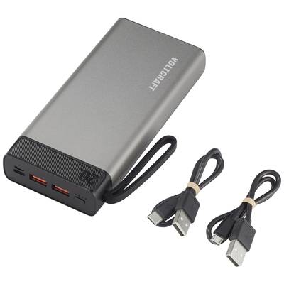 Grey power bank with a black cable, two USB ports and two included USB cables. Brand name 'VOLTRAFT' visible.