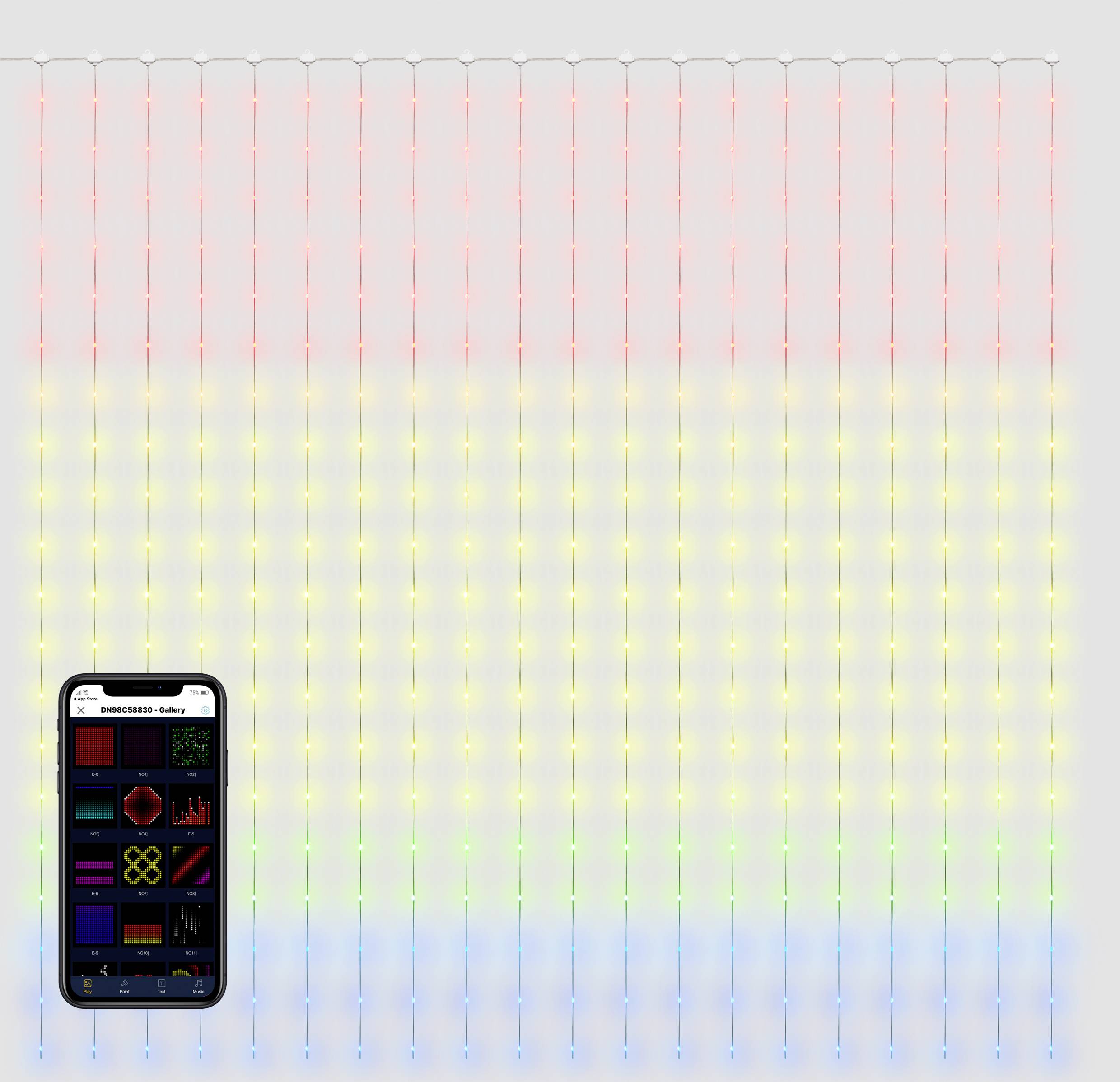 An LED panel displays vertical lines in red, yellow, and blue. A smartphone screen shows an app for controlling the lighting effects.