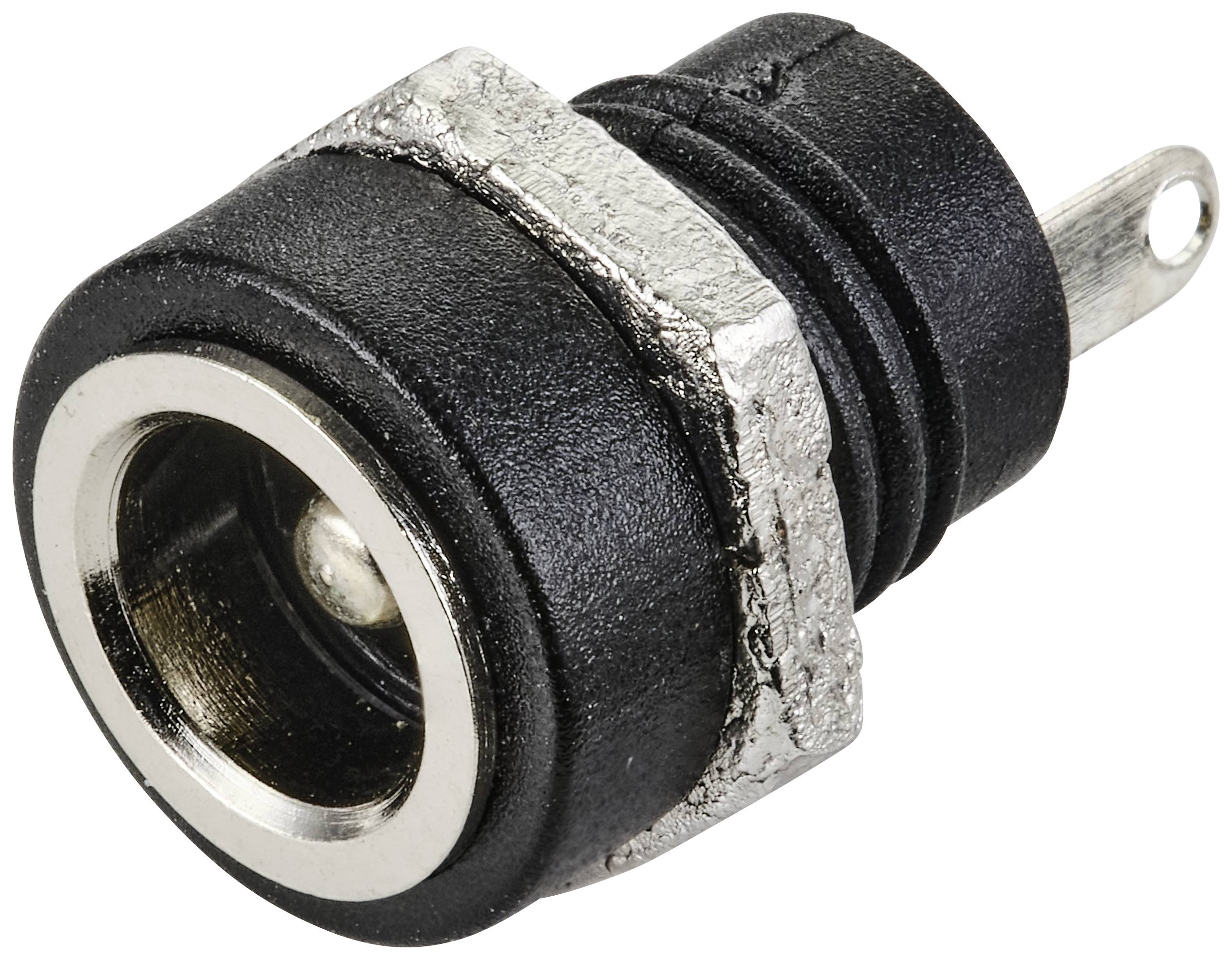 Black and silver DC power connector, positioned sideways, showing the circular metal contact and plastic casing.