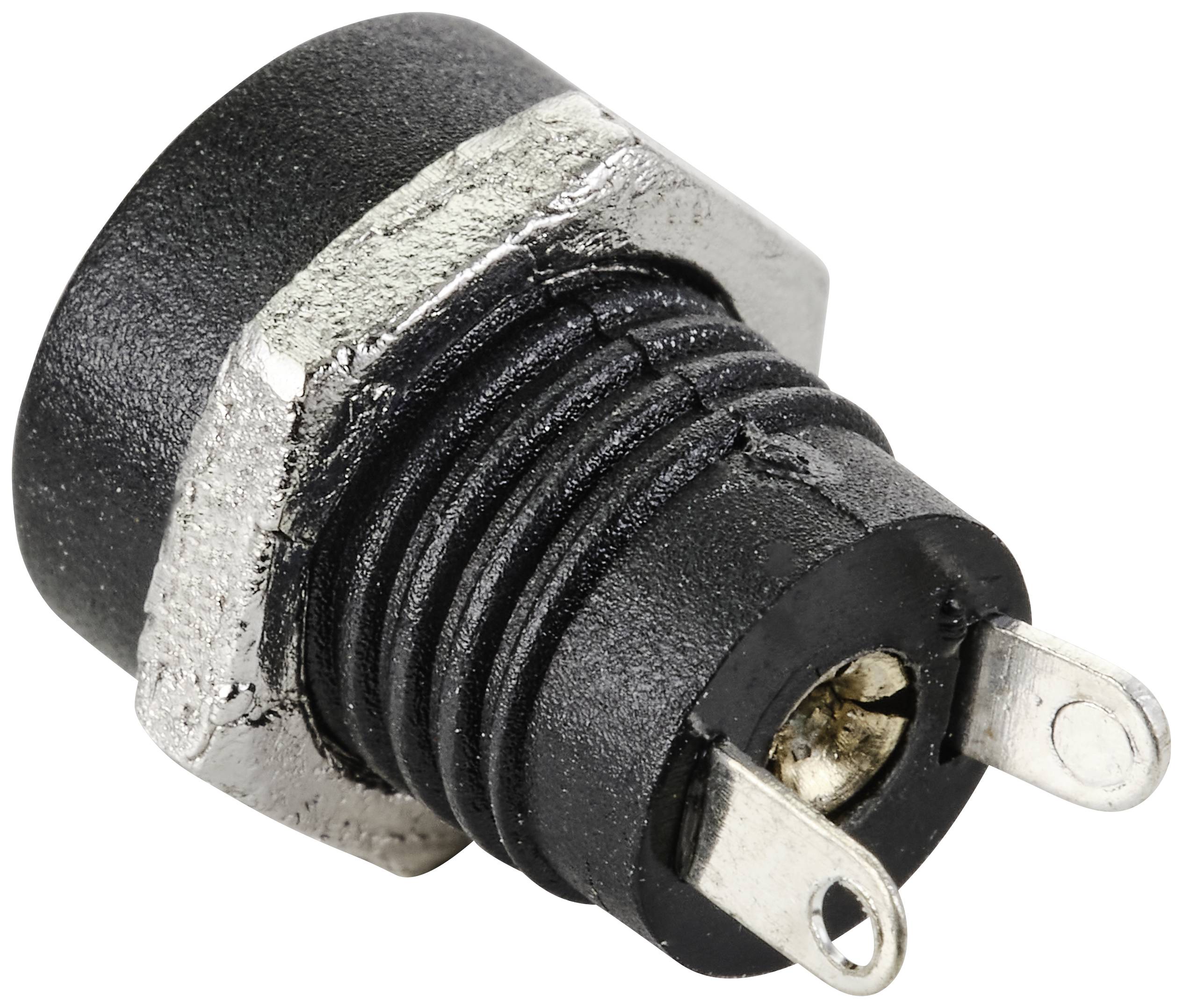 A black and silver direct current input socket connection, cylindrical with two protruding metal contacts.