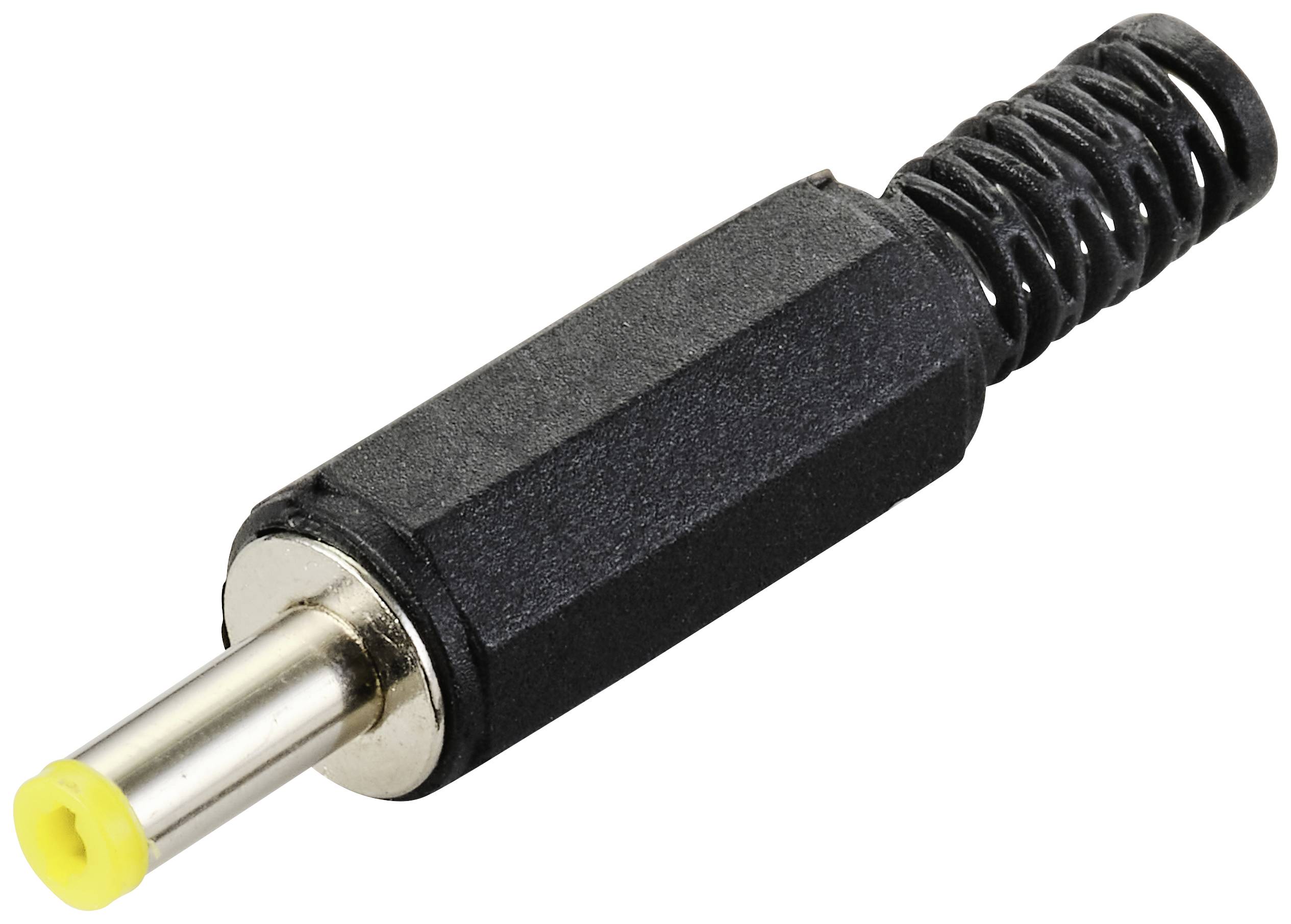 Black direct current plug adapter with yellow tip and metal contact. Commonly used for connecting electronic devices to a power source.