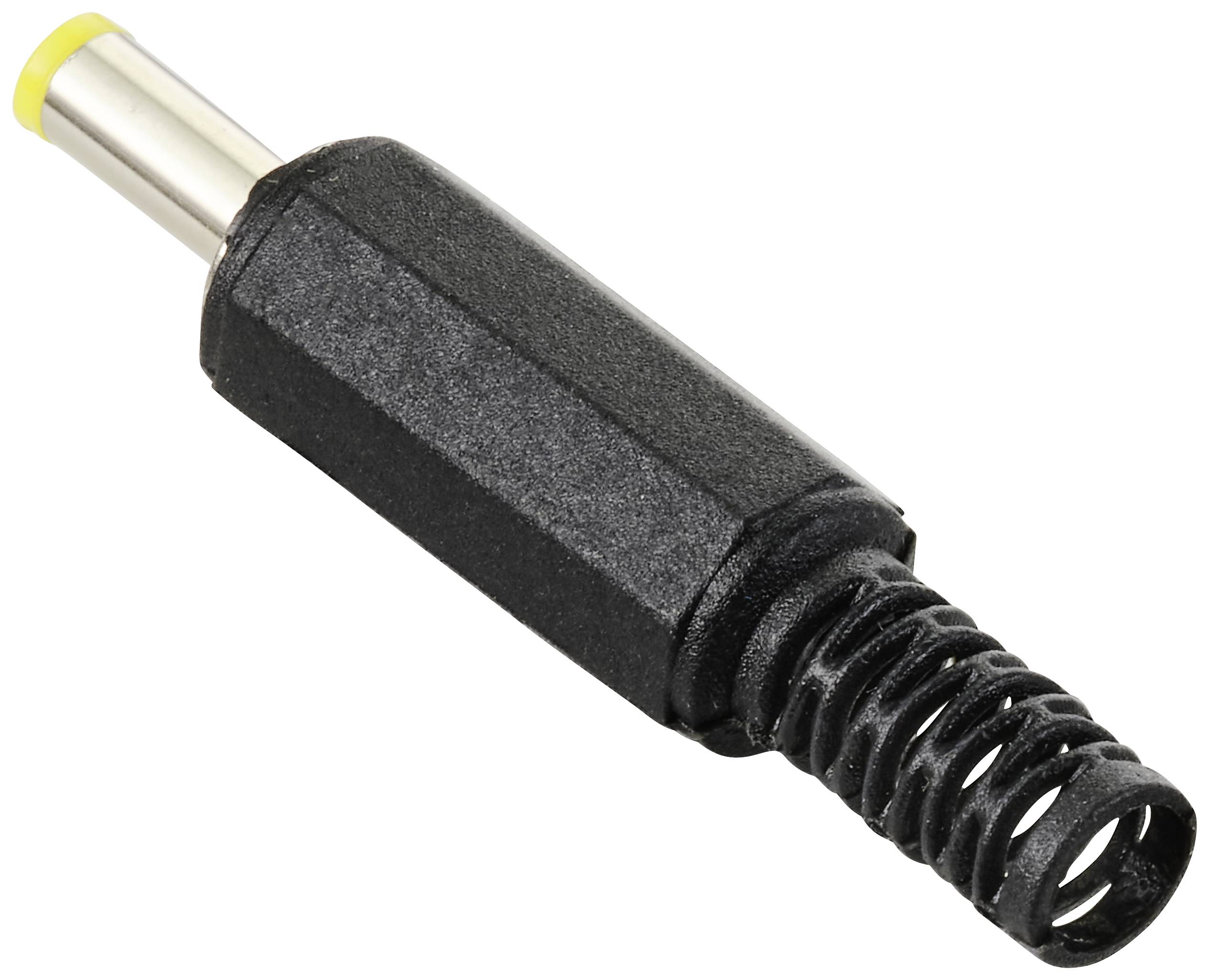 Black hollow plug with yellow inner surface, terminated with a ribbed cable relief. Suitable for connecting electronic devices.