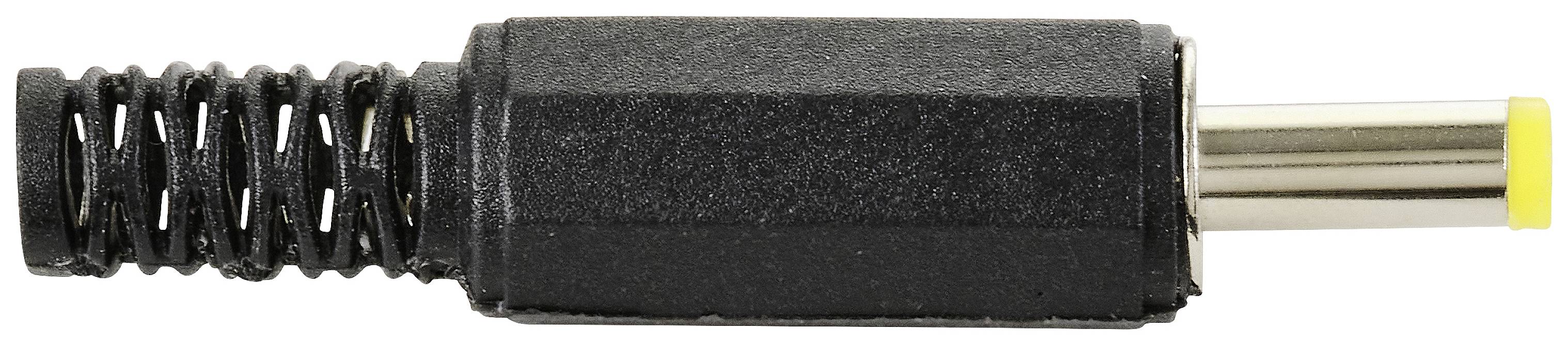 Black DC plug with a yellow tip and a spring at one end, commonly used for powering electronic devices.