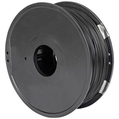 A black plastic reel with filament, used for 3D printers. The filament is neatly wound onto the spool.